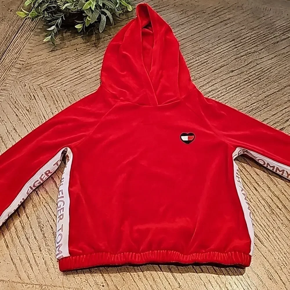 Red Hooded velour sweater size M girls 8/10